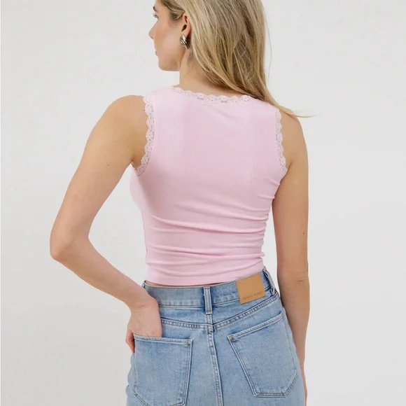 Brunette the Label Pink Lace Trim Tank Top - Picture 2 of 4